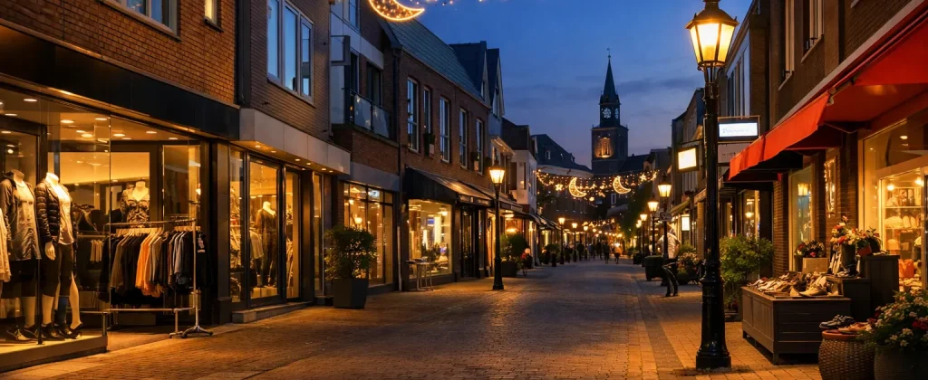 Verlichte winkelstraat in Hellevoetsluis tijdens koopavond