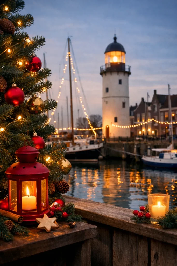 Kerstsfeer bij de haven van Hellevoetsluis met vuurtoren en lichtjes