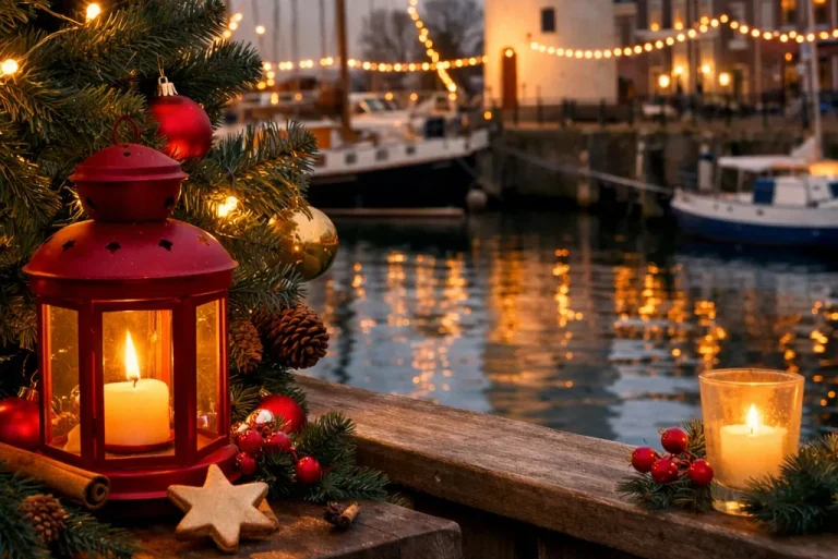 Kerstsfeer bij de haven van Hellevoetsluis met vuurtoren en lichtjes