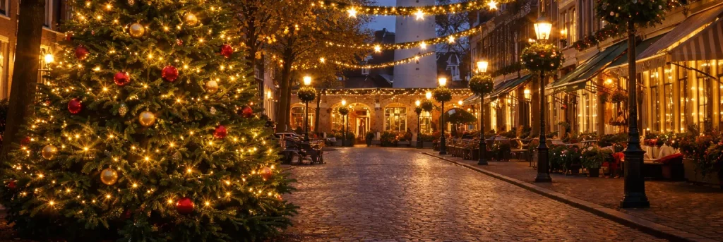 Feestelijk verlichte straat in Hellevoetsluis met kerstboom en vuurtoren