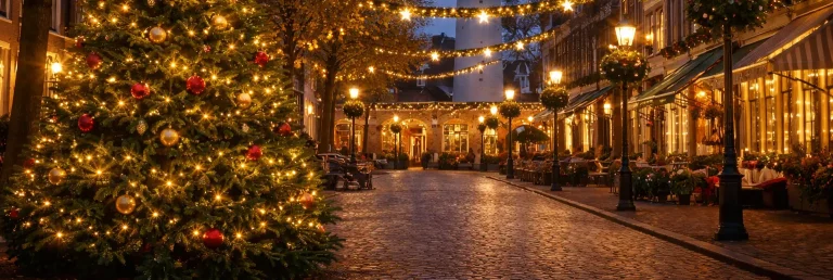Feestelijk verlichte straat in Hellevoetsluis met kerstboom en vuurtoren