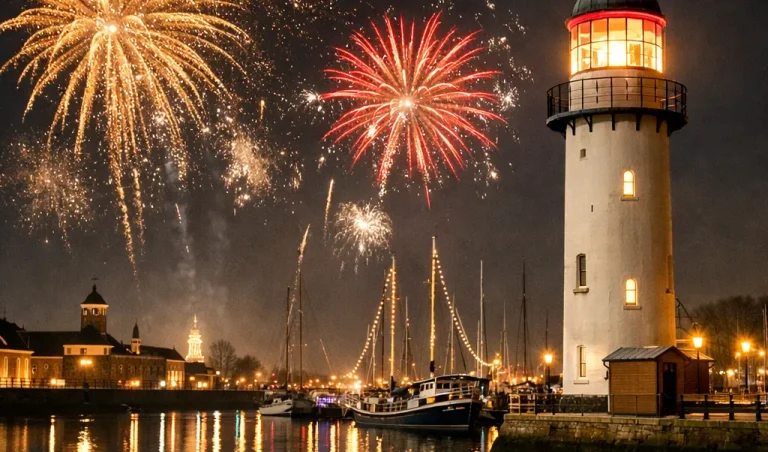 Vuurwerk boven de haven van Hellevoetsluis bij nacht.