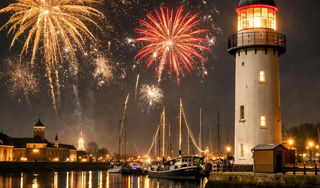 Vuurwerk boven de haven van Hellevoetsluis bij nacht.