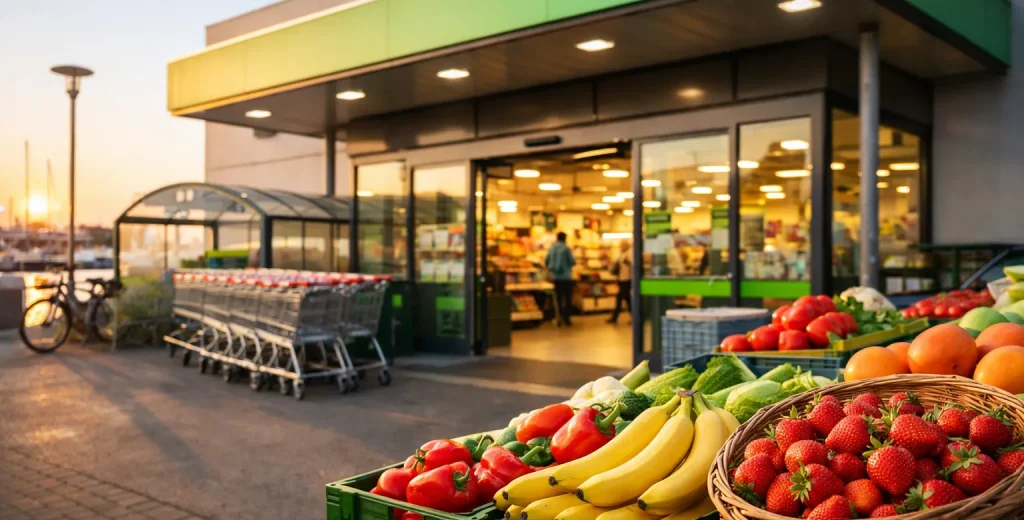 Moderne supermarkt met verse groente en fruit bij de ingang