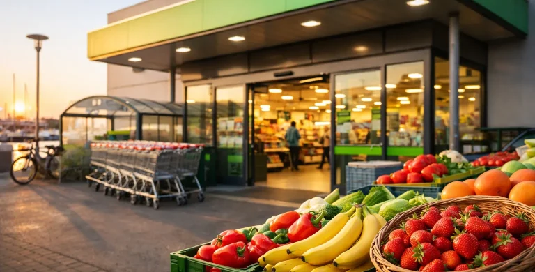 Moderne supermarkt met verse groente en fruit bij de ingang