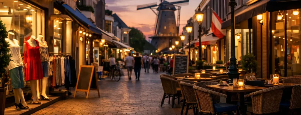 Gezellige winkelstraat in Hellevoetsluis in de avond.