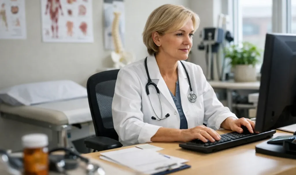 Huisarts werkt aan bureau in moderne praktijkruimte