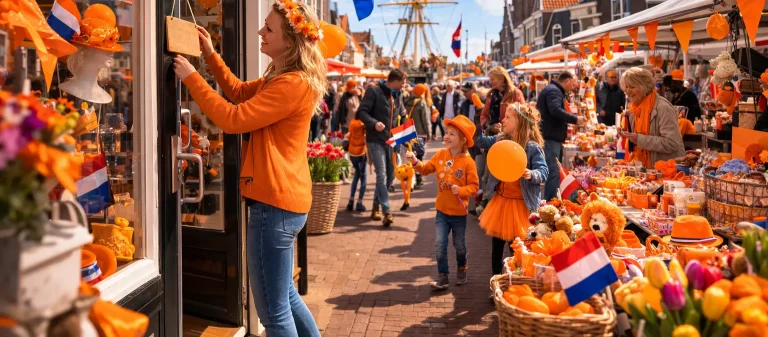 Drukke Koningsdagmarkt in Hellevoetsluis met oranje versiering