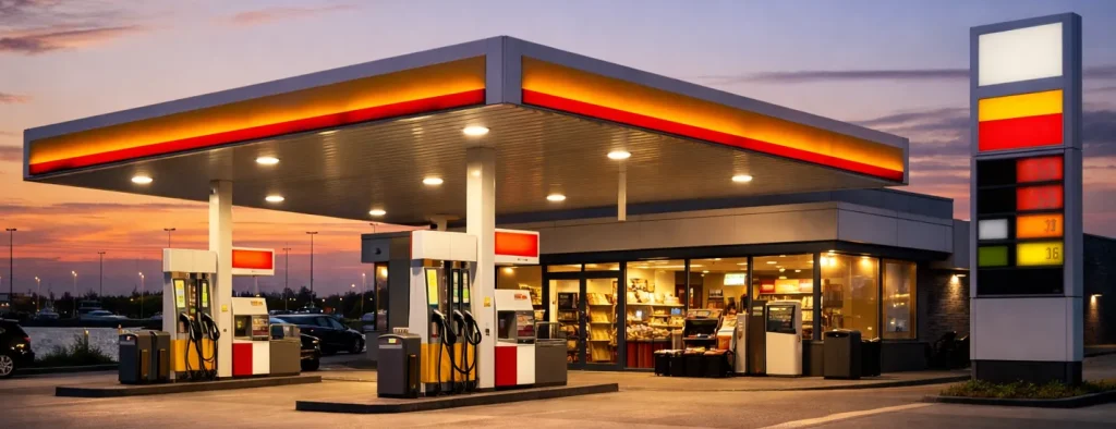 Realistisch tankstation in Hellevoetsluis bij schemering