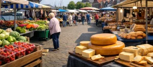 Realistische foto van de weekmarkt in Hellevoetsluis met marktkramen, kaas, groenten en bezoekers.