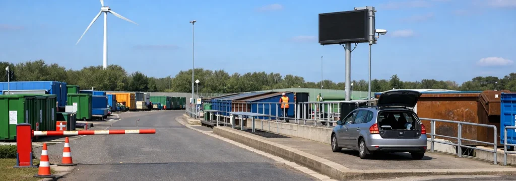Milieustraat met containers en auto in Hellevoetsluis