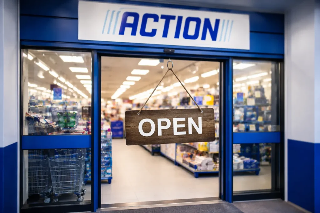 Ingang van een Action-winkel overdag